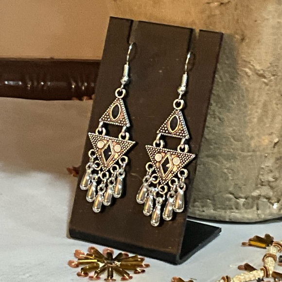 Silver Geometric Dangle Earrings - Picture 2 of 7
